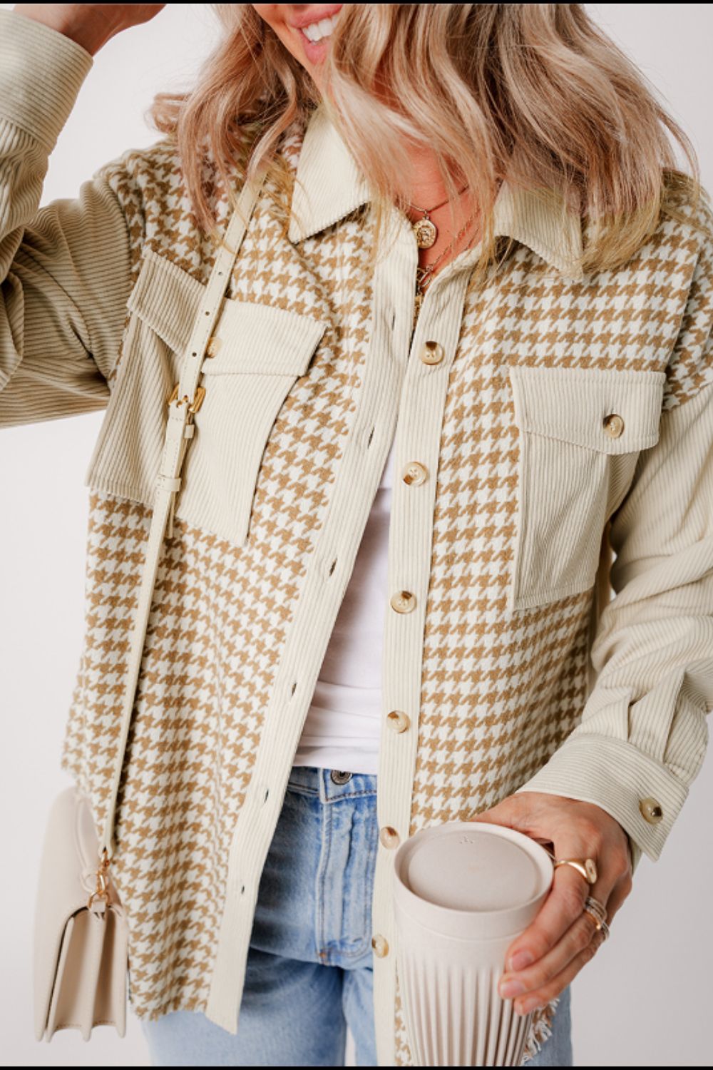 Houndstooth Button Up Long Sleeve Jacket - Sydney So Sweet