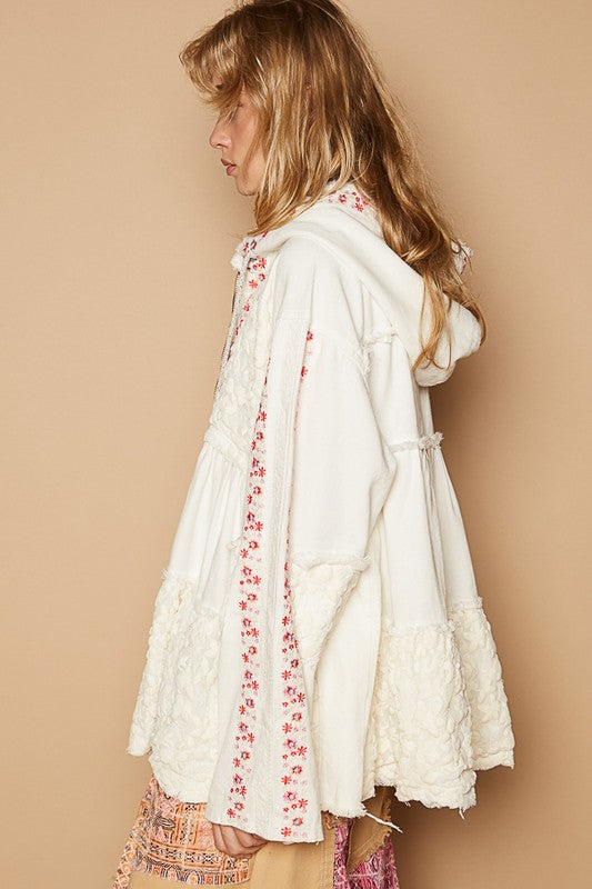 POL Embroidered Lace Patch Zip Up Hooded Jacket - Sydney So Sweet