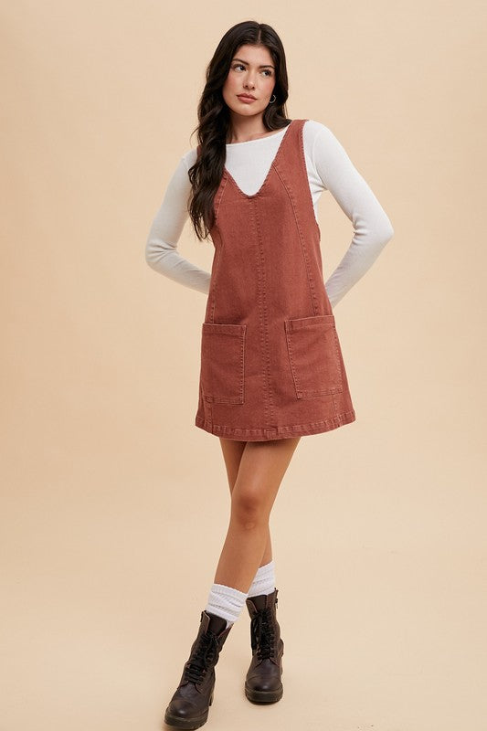 Annie Wear V-Neck Adjustable Strap Denim Overall Dress with Pockets - Sydney So Sweet