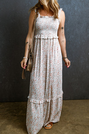 Ruffled Smocked Printed Sleeveless Maxi Dress - Sydney So Sweet