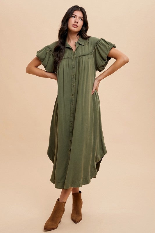 Annie Wear Mineral Washed Button Down Puff Sleeve Shirt Dress - Sydney So Sweet