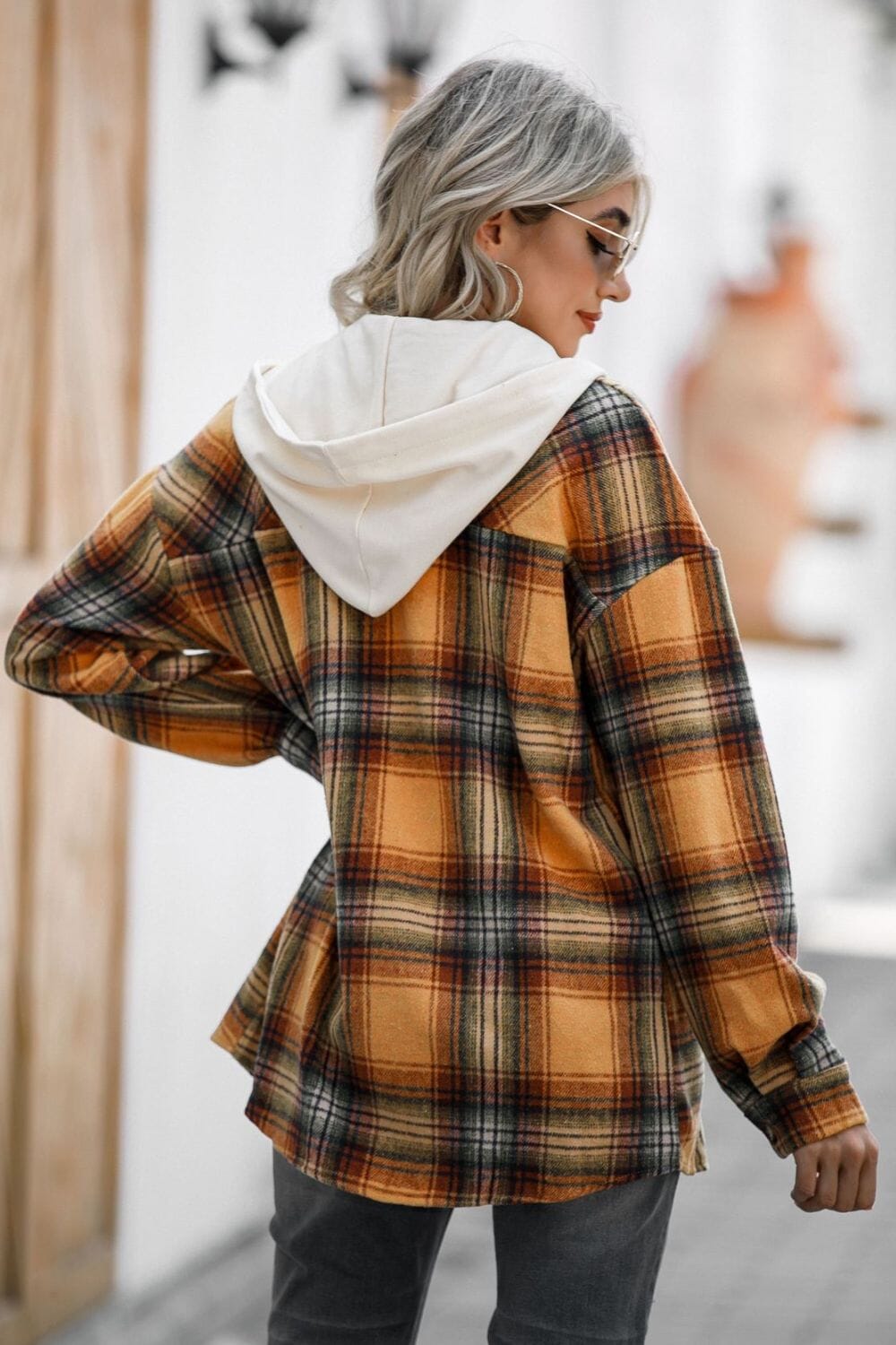 Drawstring Plaid Long Sleeve Hooded Shacket - Sydney So Sweet