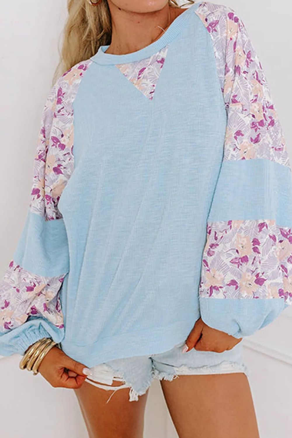 Printed Round Neck Balloon Sleeve Blouse - Sydney So Sweet