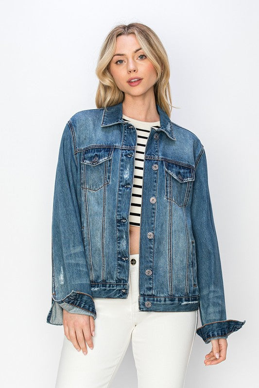 RISEN Full Size Distressed Button Up Jacket - Sydney So Sweet