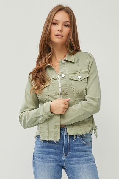 RISEN Full Size Raw Hem Button Up Cropped Denim Jacket Plus Size - Sydney So Sweet