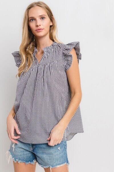 Ces Femme Plaid Notched Ruffled Cap Sleeve Blouse - Sydney So Sweet