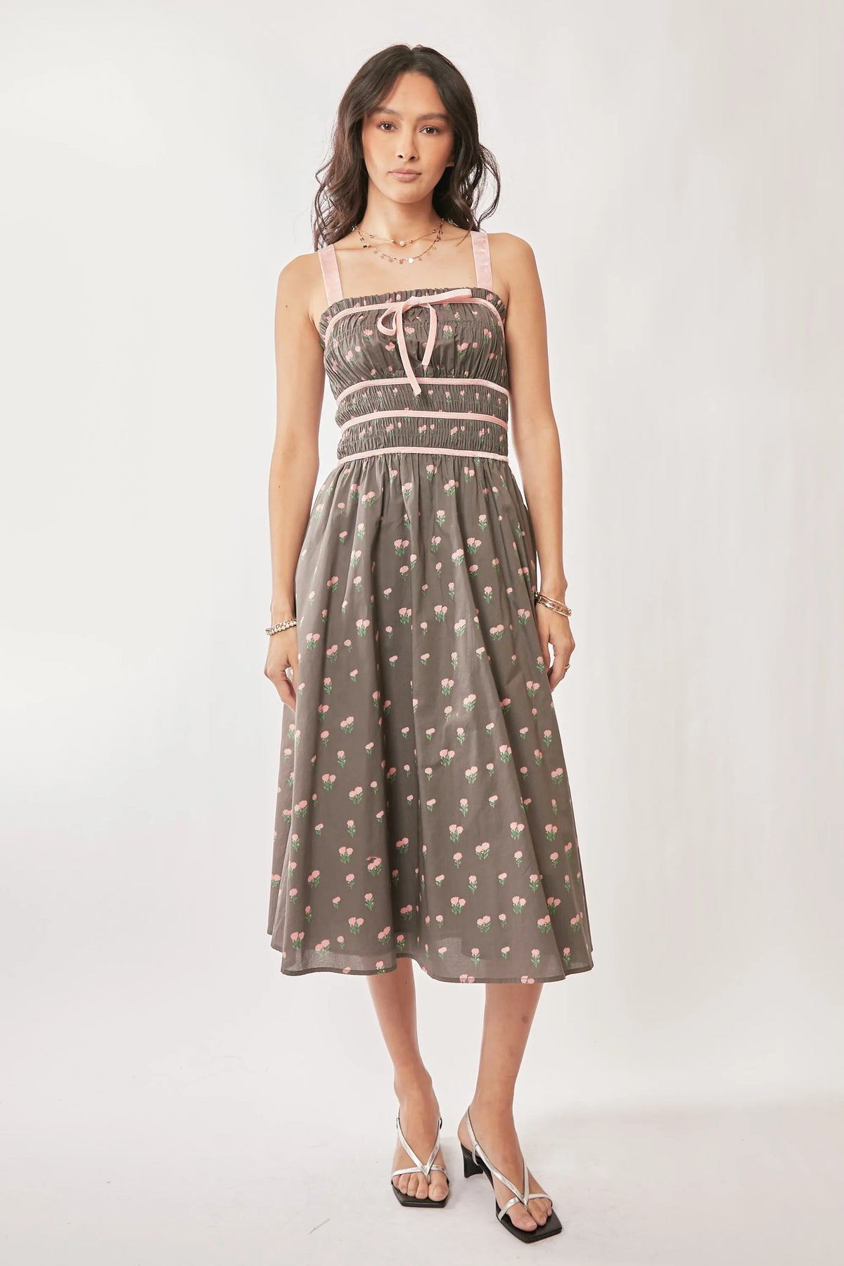 Davi & Dani Contrast Velvet Tape Smocking Bodice Midi Dress - Sydney So Sweet