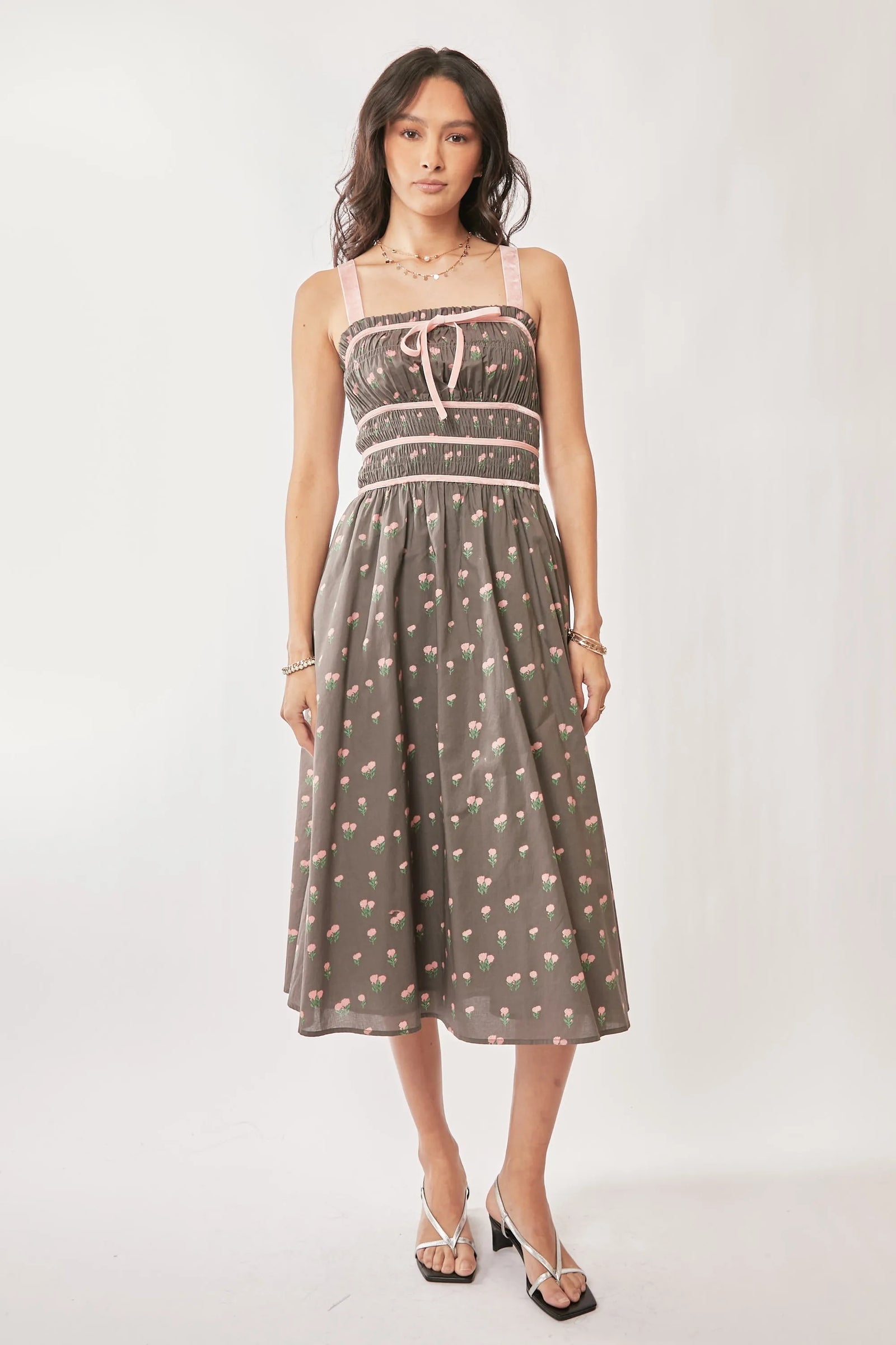 Davi & Dani Contrast Velvet Tape Smocking Bodice Midi Dress - Sydney So Sweet