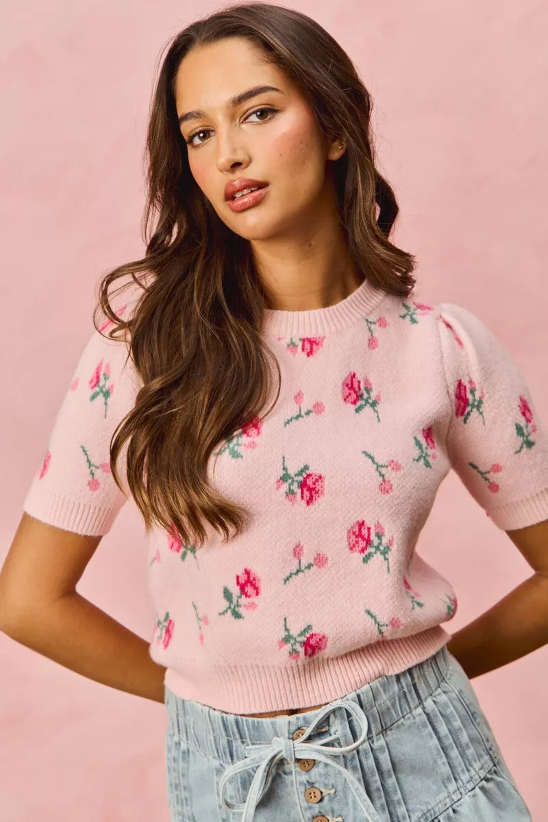 SO ME Floral Pattern Knit Puff Sleeves Sweater Top - Sydney So Sweet