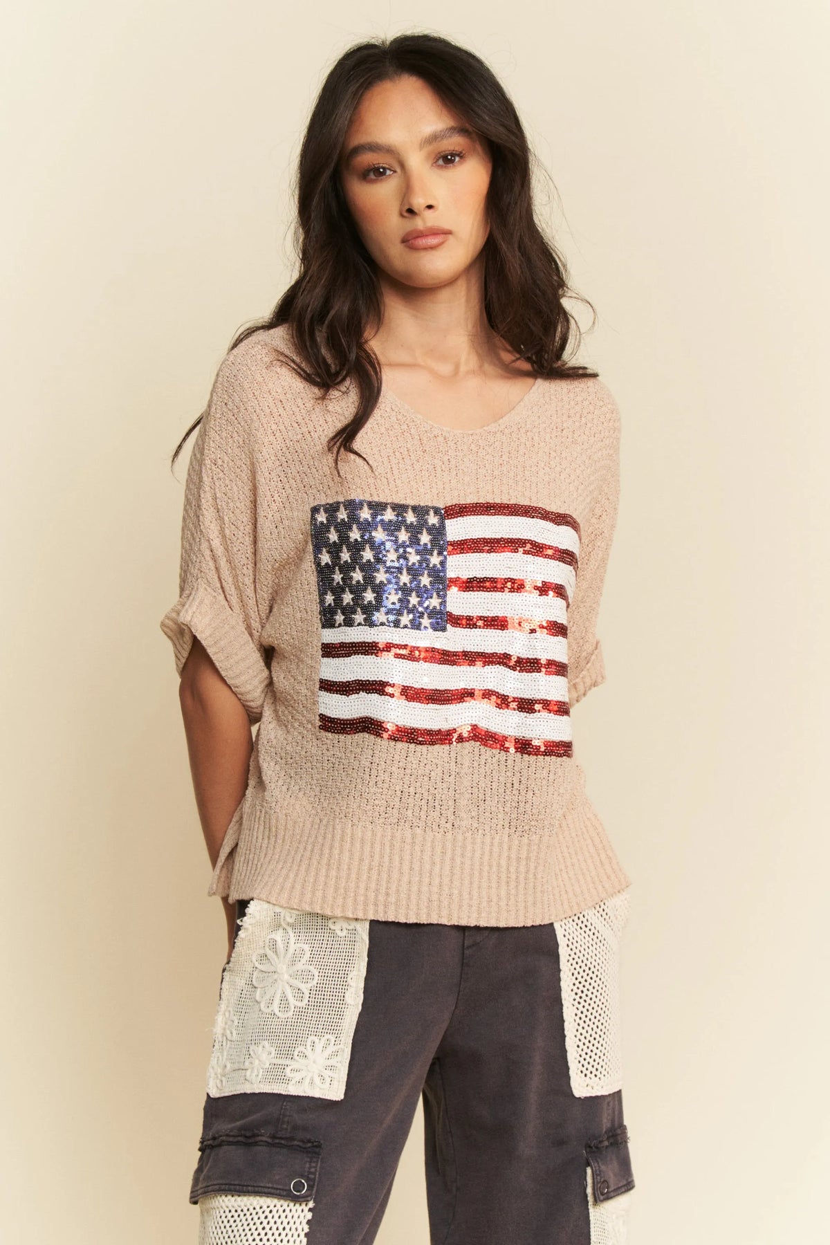 Davi & Dani Sequin American Flag Patch Short Sleeve Knit Top - Sydney So Sweet