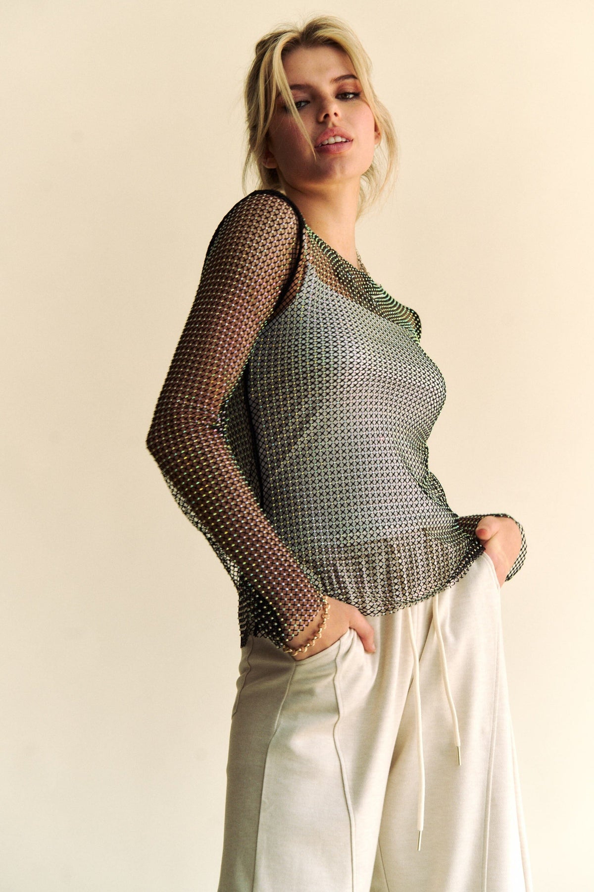 Davi & Dani Sparkling Rhinestone Sheer Mesh Round Neck Top - Sydney So Sweet