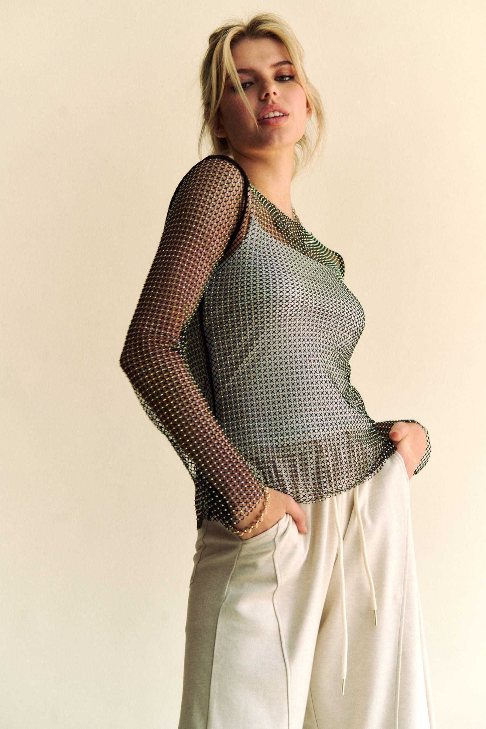 Davi & Dani Sparkling Rhinestone Sheer Mesh Round Neck Top - Sydney So Sweet