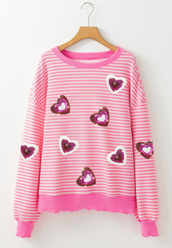 Valentine’s Day Sequin Heart Striped Round Neck Long Sleeve Sweatshirt - Sydney So Sweet