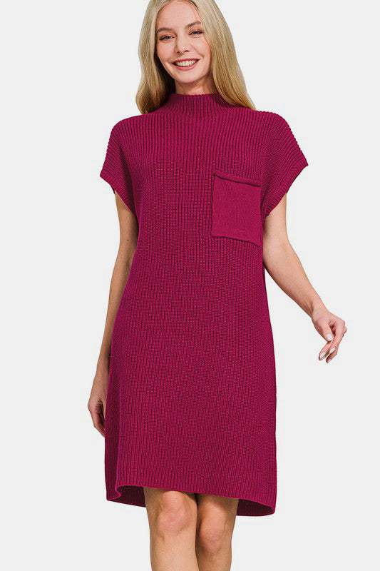 Zenana Mock Neck Short Sleeve Sweater Dress - Sydney So Sweet