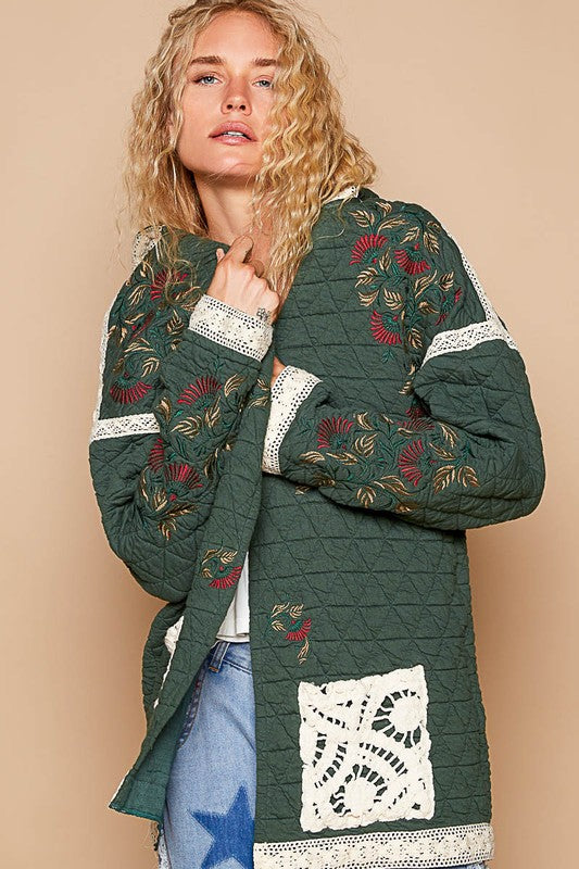 POL Embroidered Open Front Quilted Jacket with Crochet Pockets - Sydney So Sweet