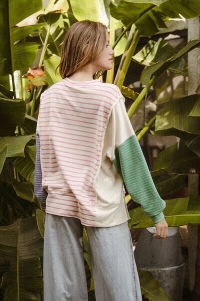 BiBi Exposed Seam Slit Striped Round Neck T-Shirt - Sydney So Sweet