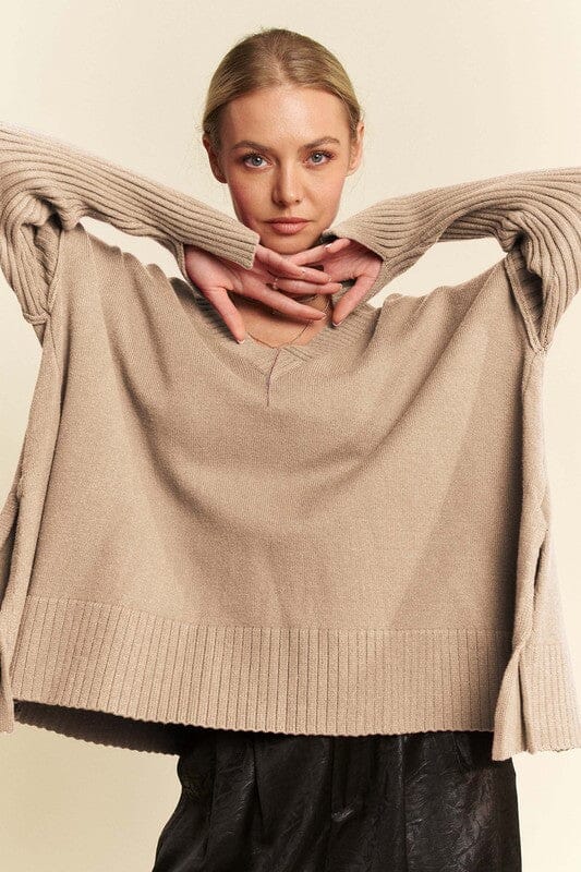 Davi & Dani Ribbed Side Slit V-Neck Sweater - Sydney So Sweet