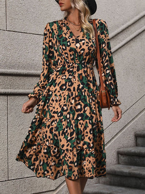 Leopard Notched Flounce Sleeve Midi Dress - Sydney So Sweet