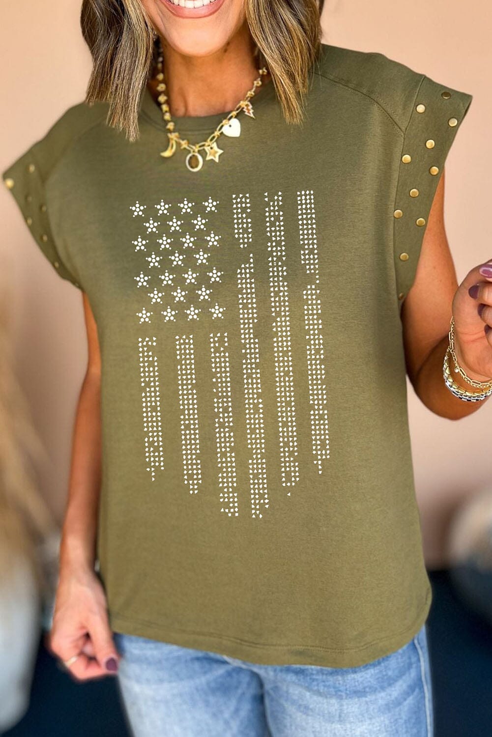 Rhinestone US Flag Round Neck Cap Sleeve T-Shirt - Sydney So Sweet