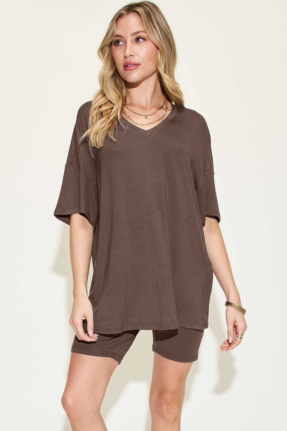 Basic Bae Full Size V-Neck Drop Shoulder T-Shirt and Shorts Set - Sydney So Sweet