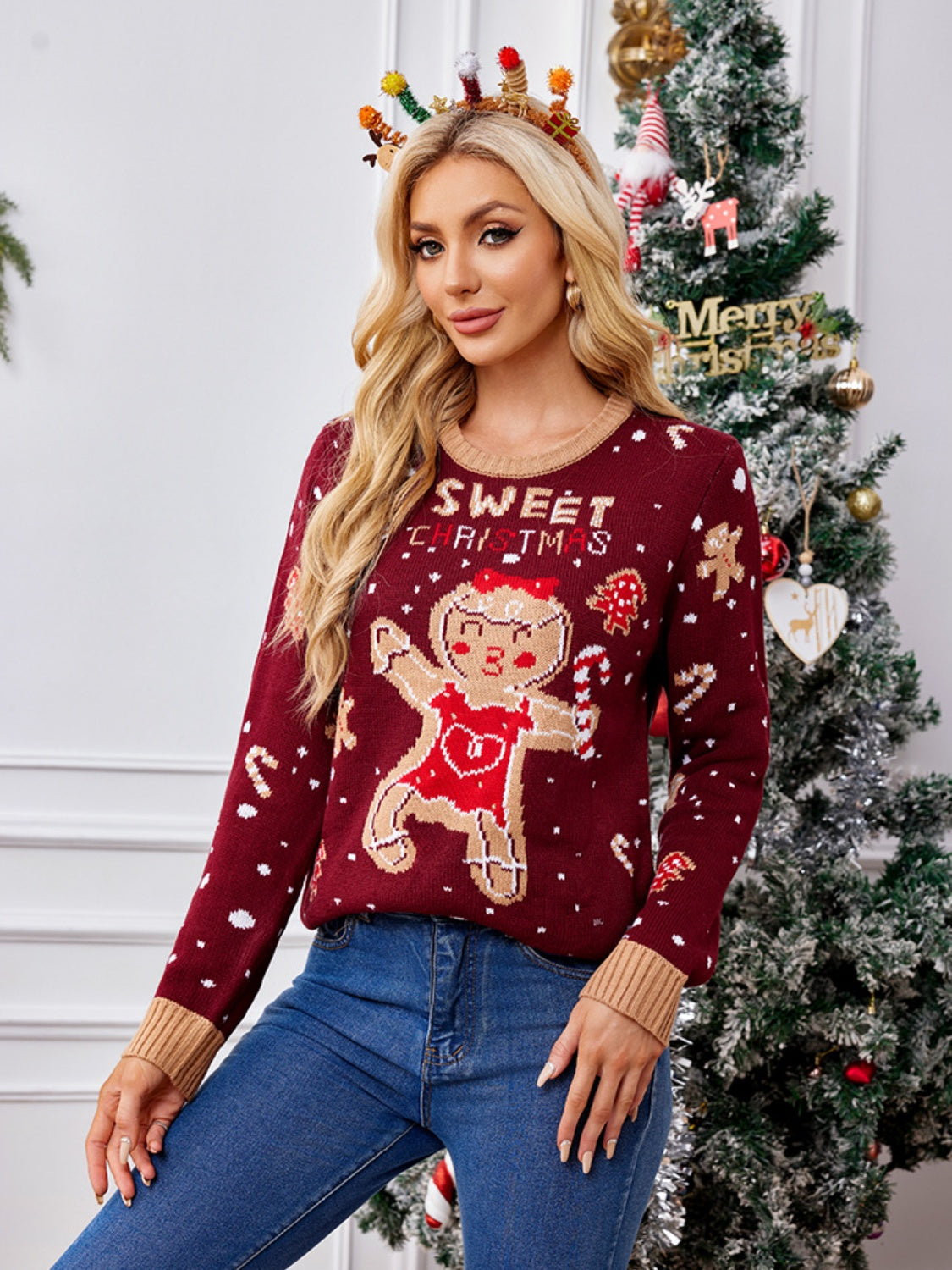 Gingerbread Round Neck Long Sleeve Sweater - Sydney So Sweet