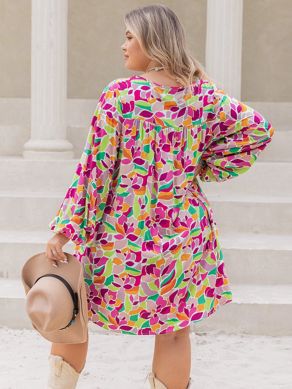 Plus Size Printed V-Neck Balloon Sleeve Mini Dress - Sydney So Sweet