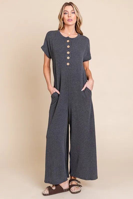 BOMBOM Rib Knit Jumpsuit with Button Detail - Sydney So Sweet