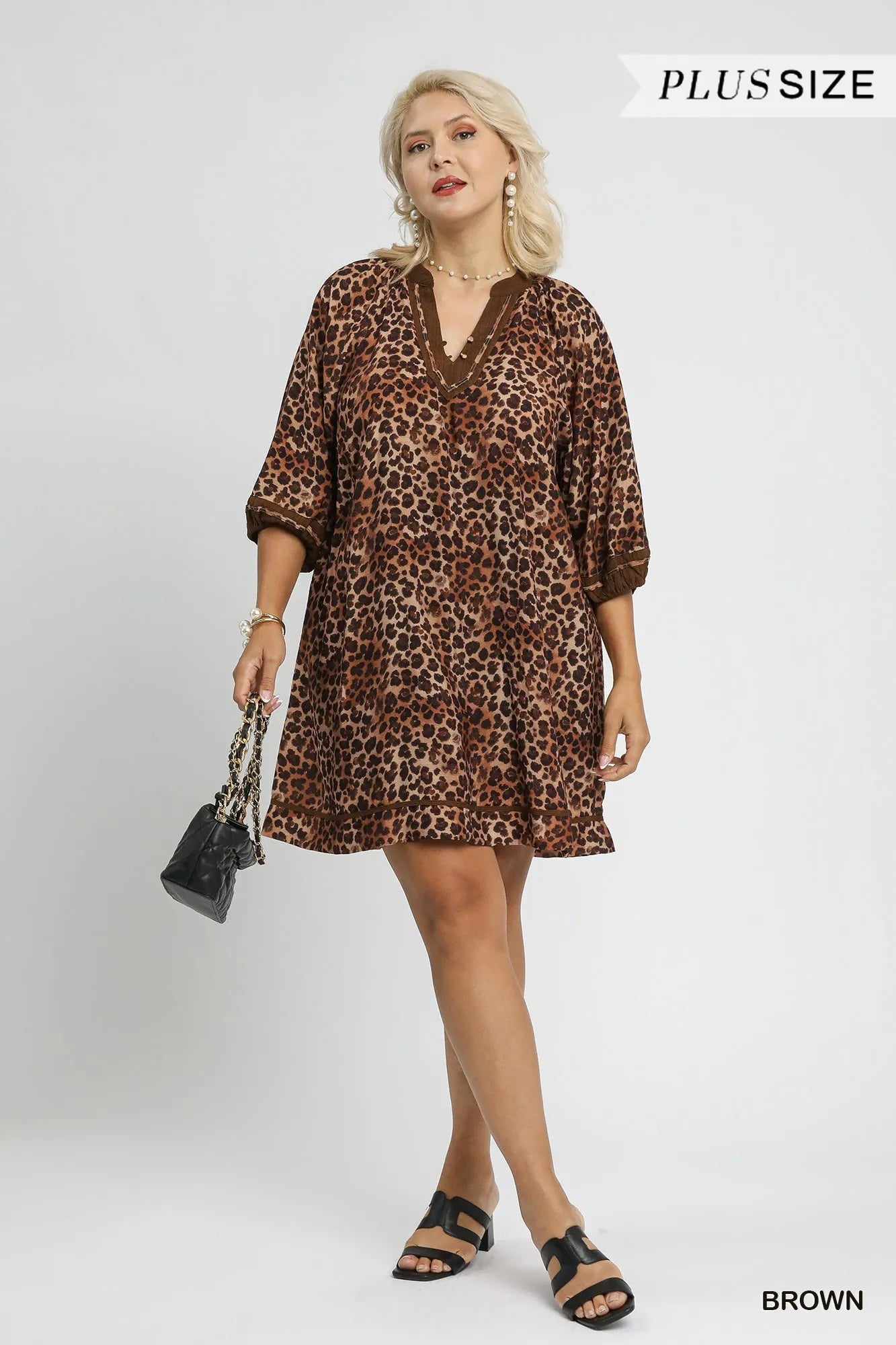 Umgee Full Size Leopard Print Mini Dress with Contrast Trim Plus Size - Sydney So Sweet
