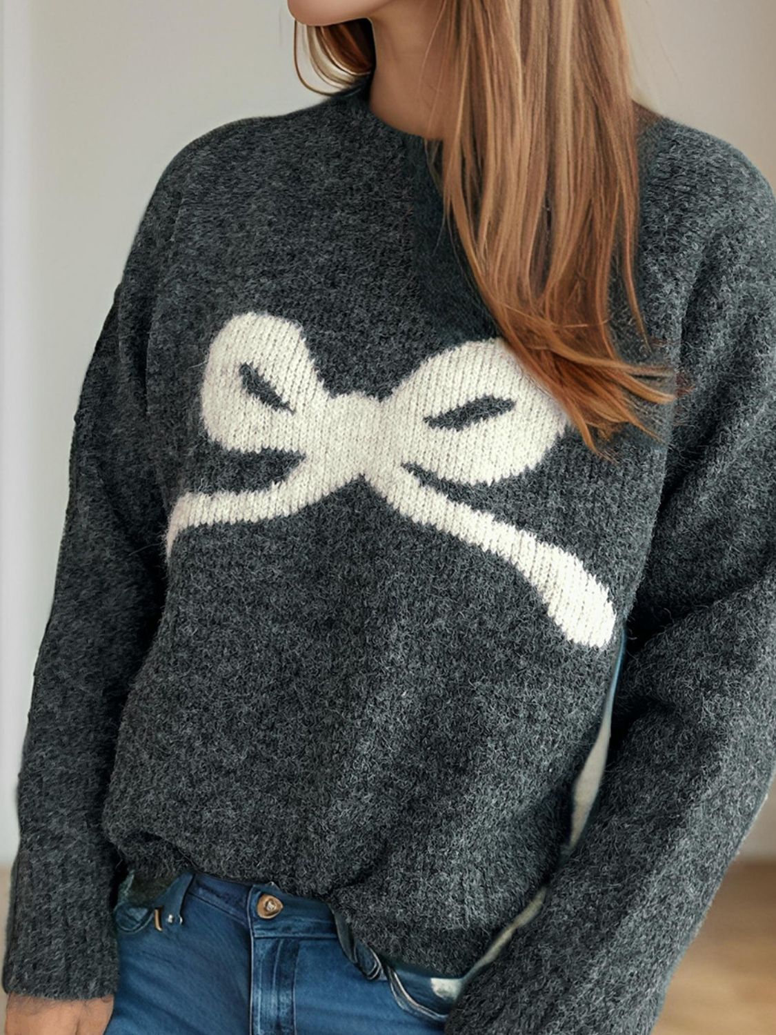 Bow Round Neck Long Sleeve Sweater - Sydney So Sweet