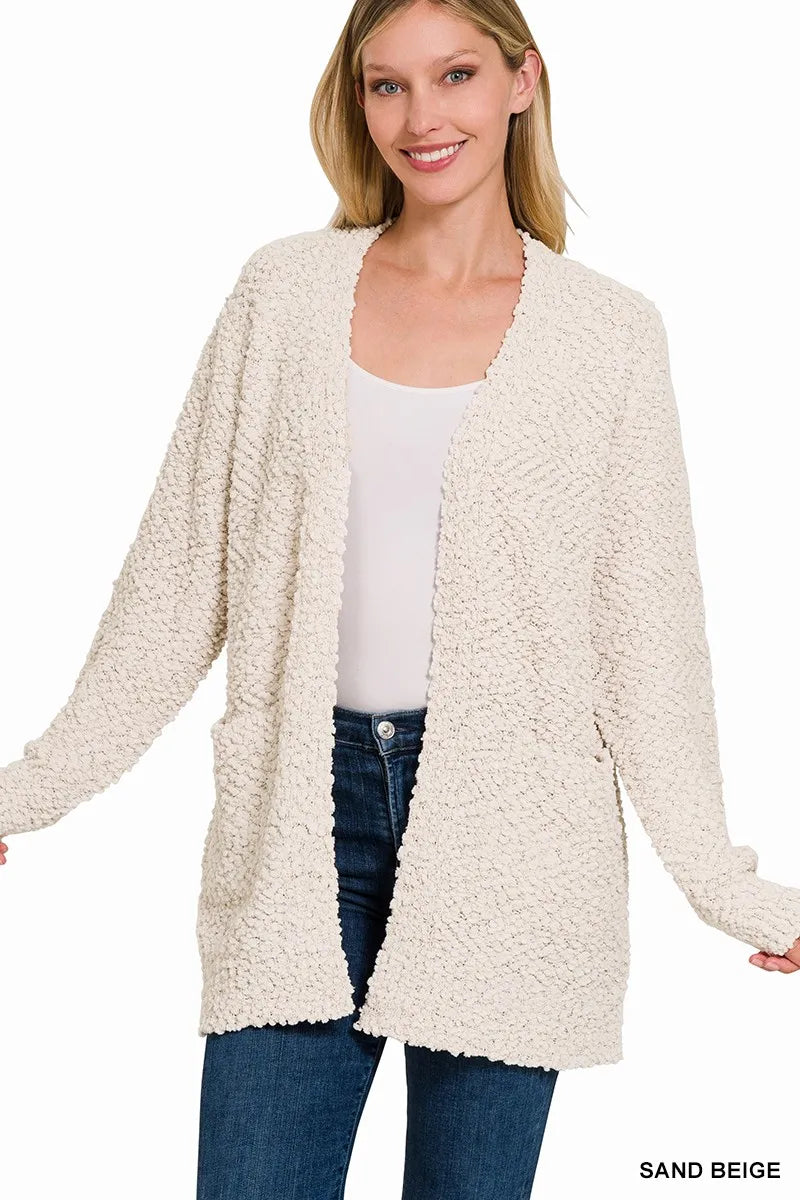Zenana Long Sleeve Popcorn Sweater Cardigan with Pockets - Sydney So Sweet
