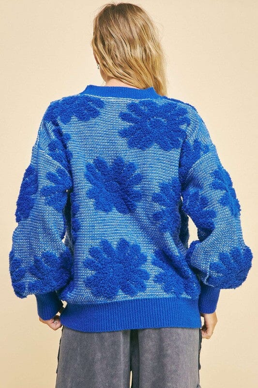 Davi & Dani Flower Texture Round Neck Dropped Shoulder Sweater - Sydney So Sweet
