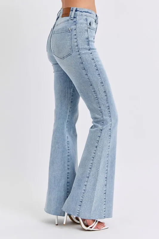 Judy Blue Full Size Mid Rise Rhinestone Side Panel Detail Flare Jeans Plus Size - Sydney So Sweet