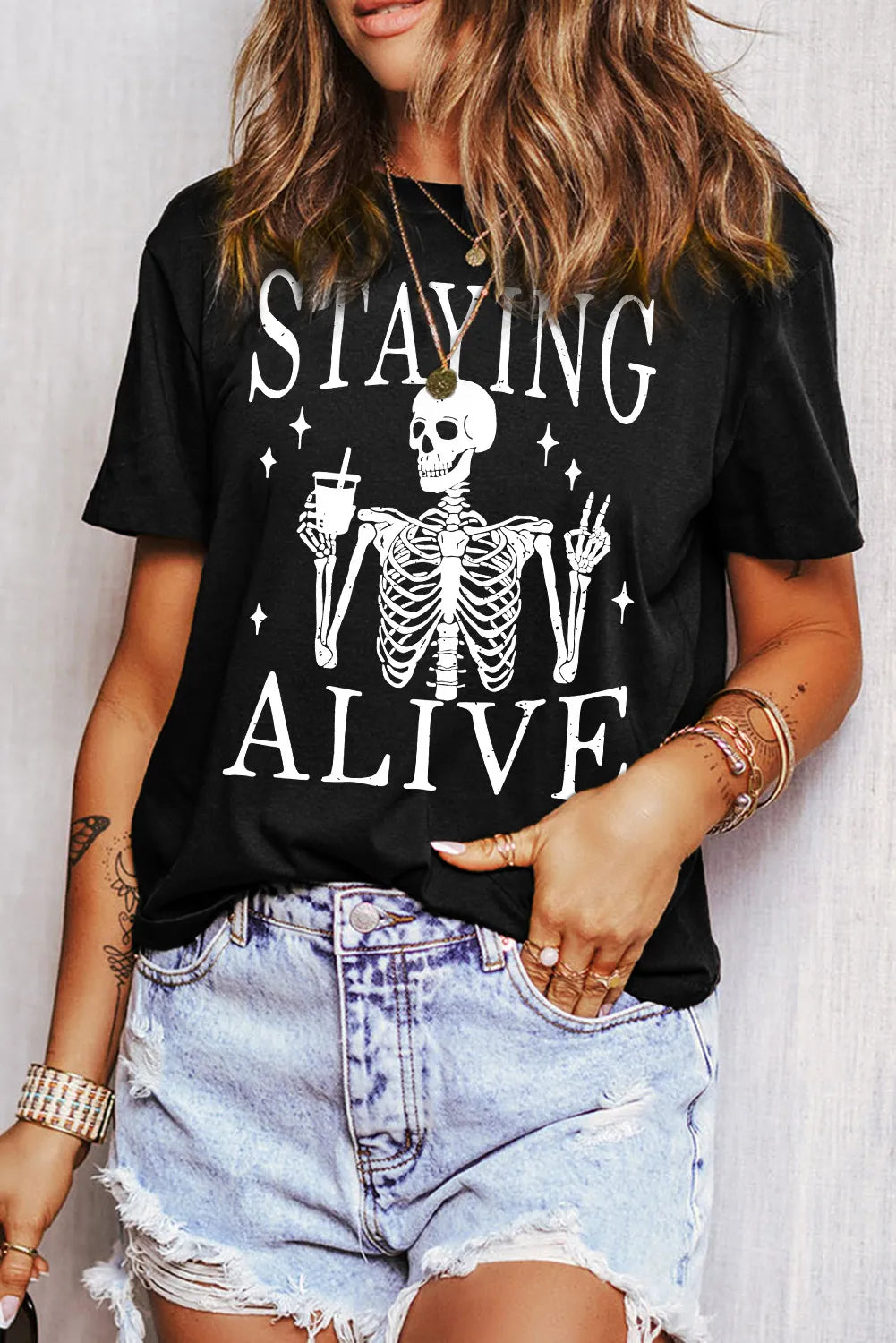 Staying Alive Skeleton Drink Women&#39;s Graphic Short Sleeve T-Shirt - Sydney So Sweet