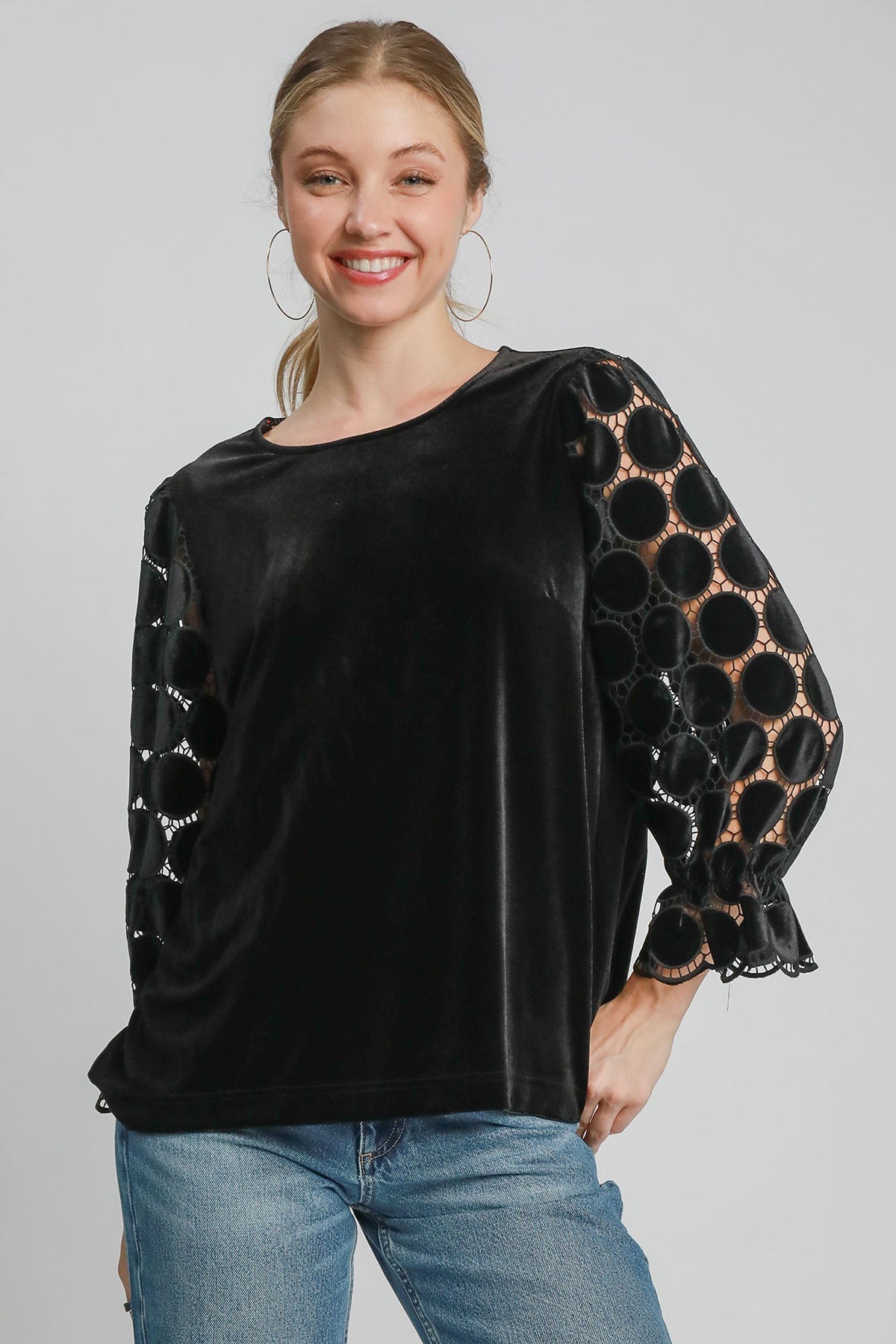 Umgee Polka Dot Lace Long Sleeve Round Neck Blouse - Sydney So Sweet