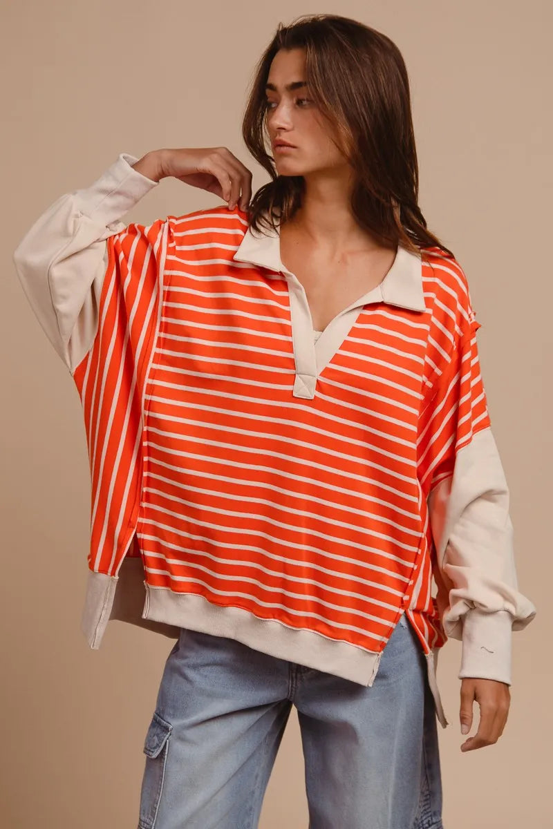 BiBi Stripe Knit Loose Fit Top With Cut Edge Detail - Sydney So Sweet