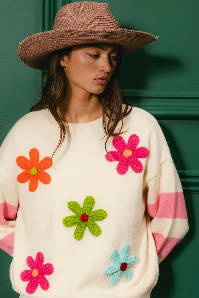 BiBi Colorful Floral Patched Sweater with Striped Sleeve - Sydney So Sweet
