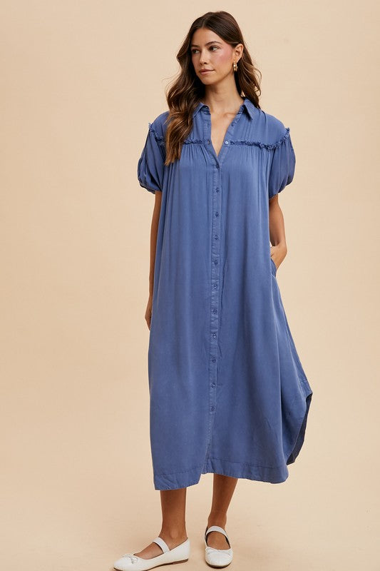 Annie Wear Mineral Washed Button Down Puff Sleeve Shirt Dress - Sydney So Sweet