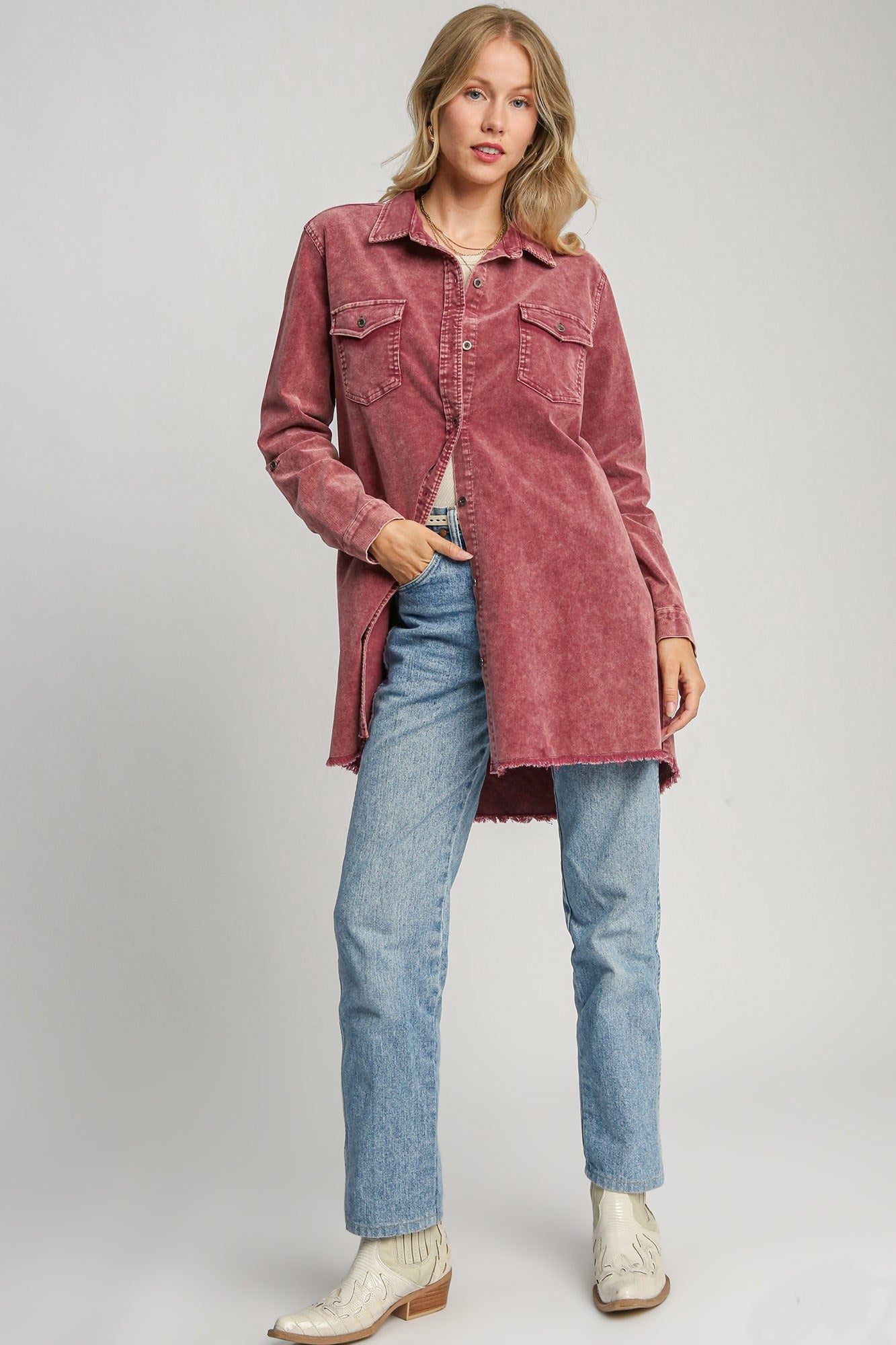 Umgee Raw Hem Button Down Denim Jacket with Chest Pockets - Sydney So Sweet