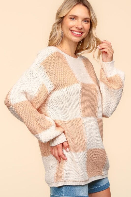 Haptics Full Size Checkered Round Neck Drop Shoulder Sweater - Sydney So Sweet