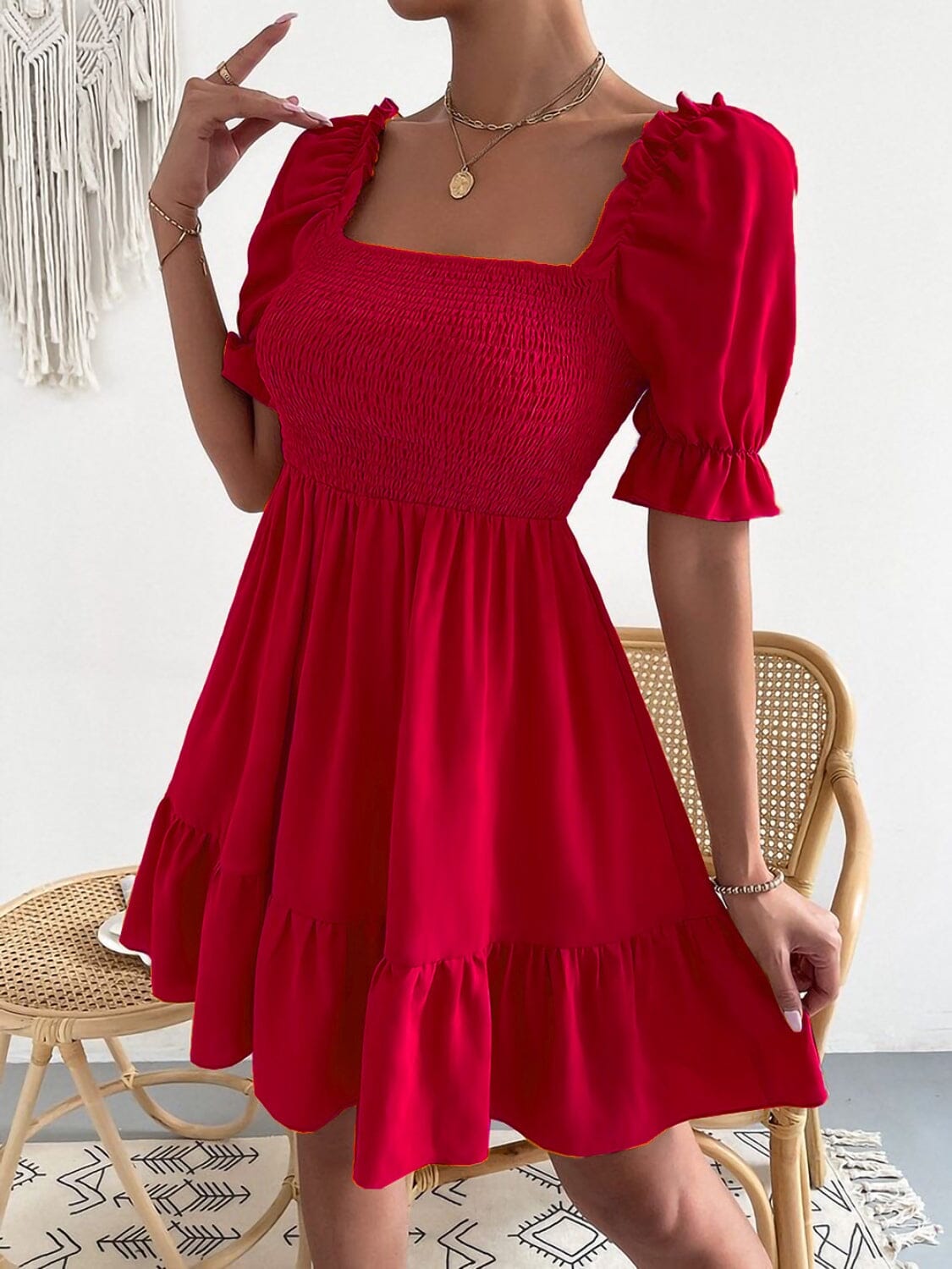 Smocked Square Neck Short Sleeve Dress - Sydney So Sweet