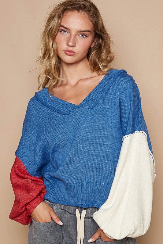 POL Exposed Seam Contrast V-Neck Lantern Sleeve Sweater - Sydney So Sweet