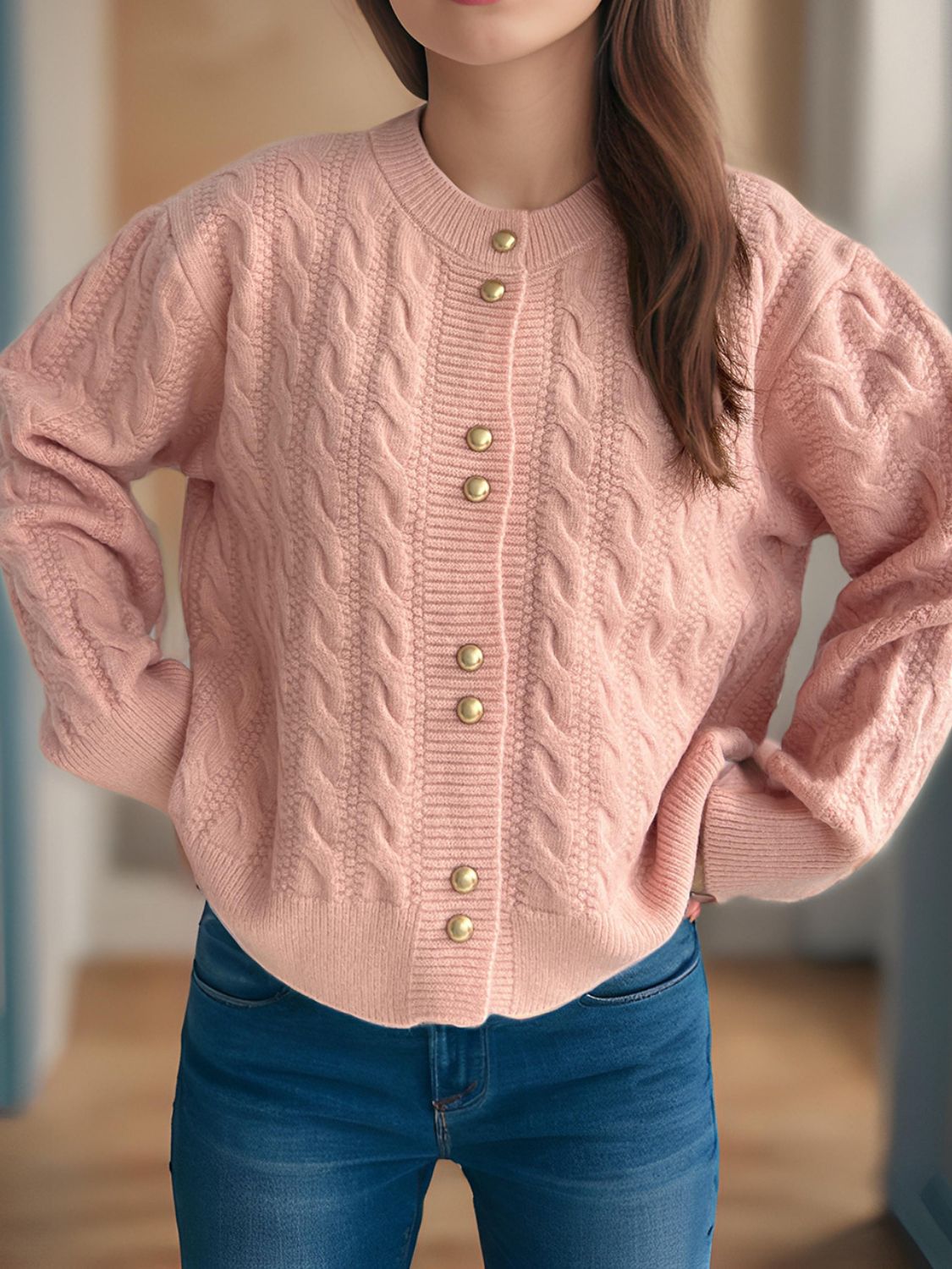 Cable-Knit Round Neck Long Sleeve Cardigan - Sydney So Sweet