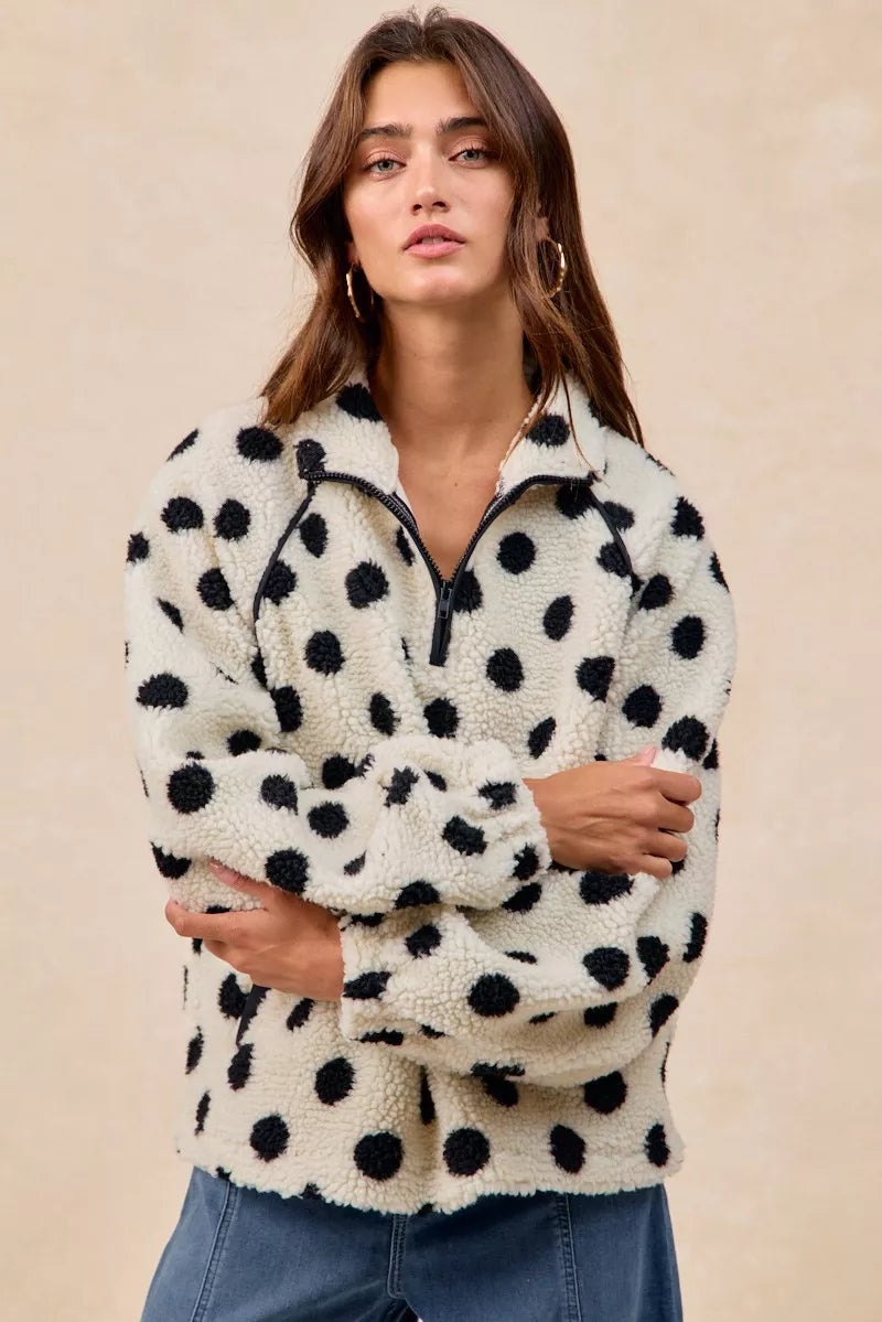 BiBi Polka Dot Sherpa Half Zip Up Top with Side Pocket - Sydney So Sweet