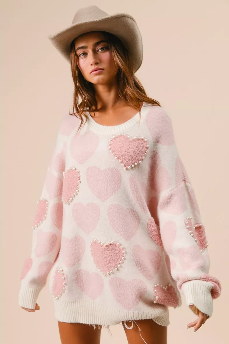 BiBi Heart Pattern Sweater with Pearl Detail - Sydney So Sweet