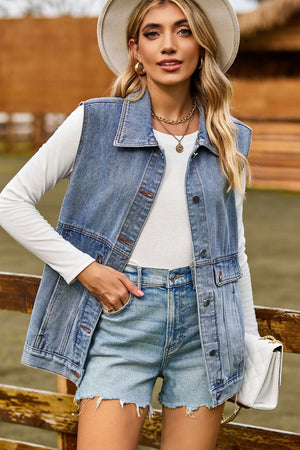 Sleeveless Collared Neck Denim Top with Pockets - Sydney So Sweet