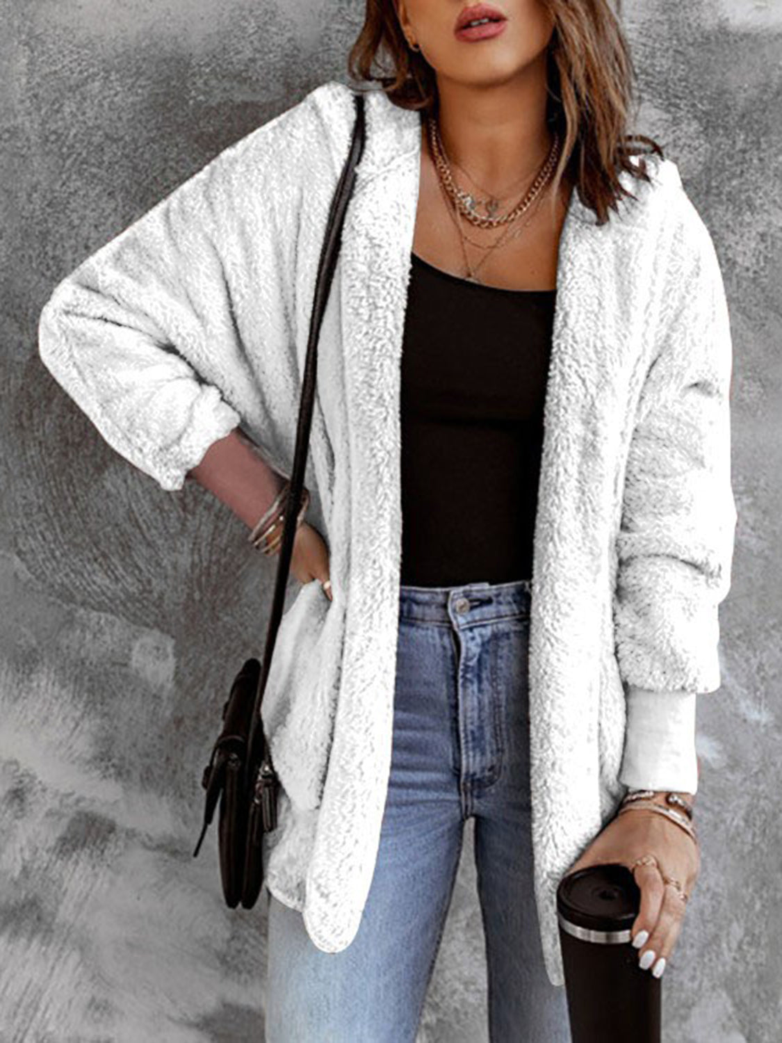 Open Front Hooded Faux Fur Cardigan with Pockets - Sydney So Sweet