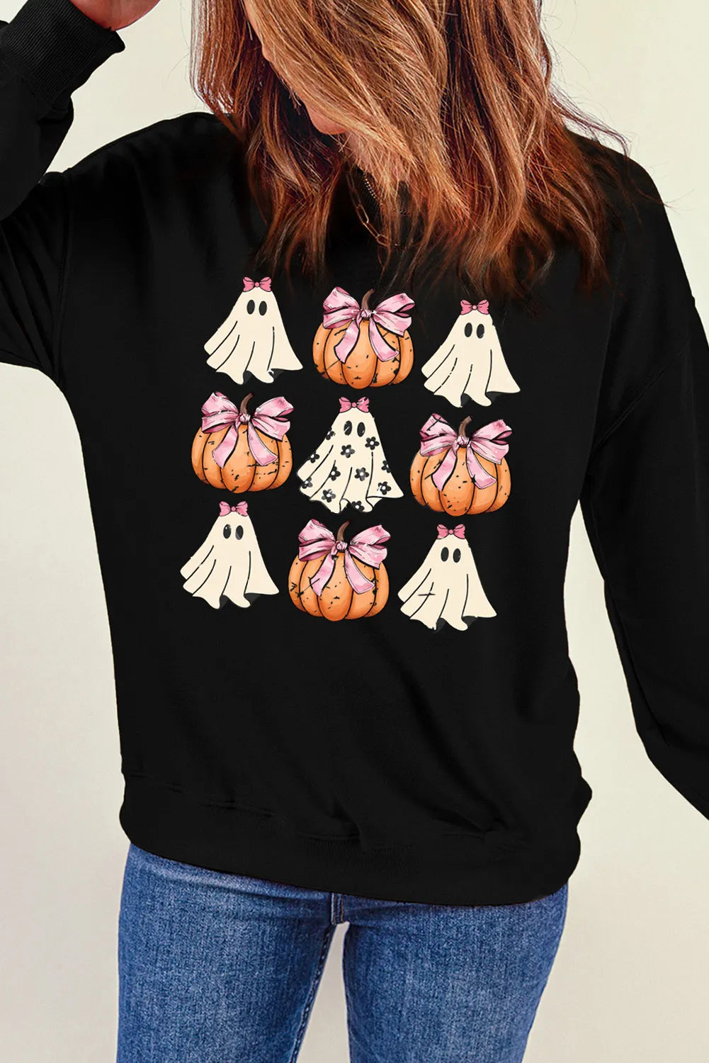 Pumpkin & Ghost Round Neck Long Sleeve Sweatshirt - Sydney So Sweet