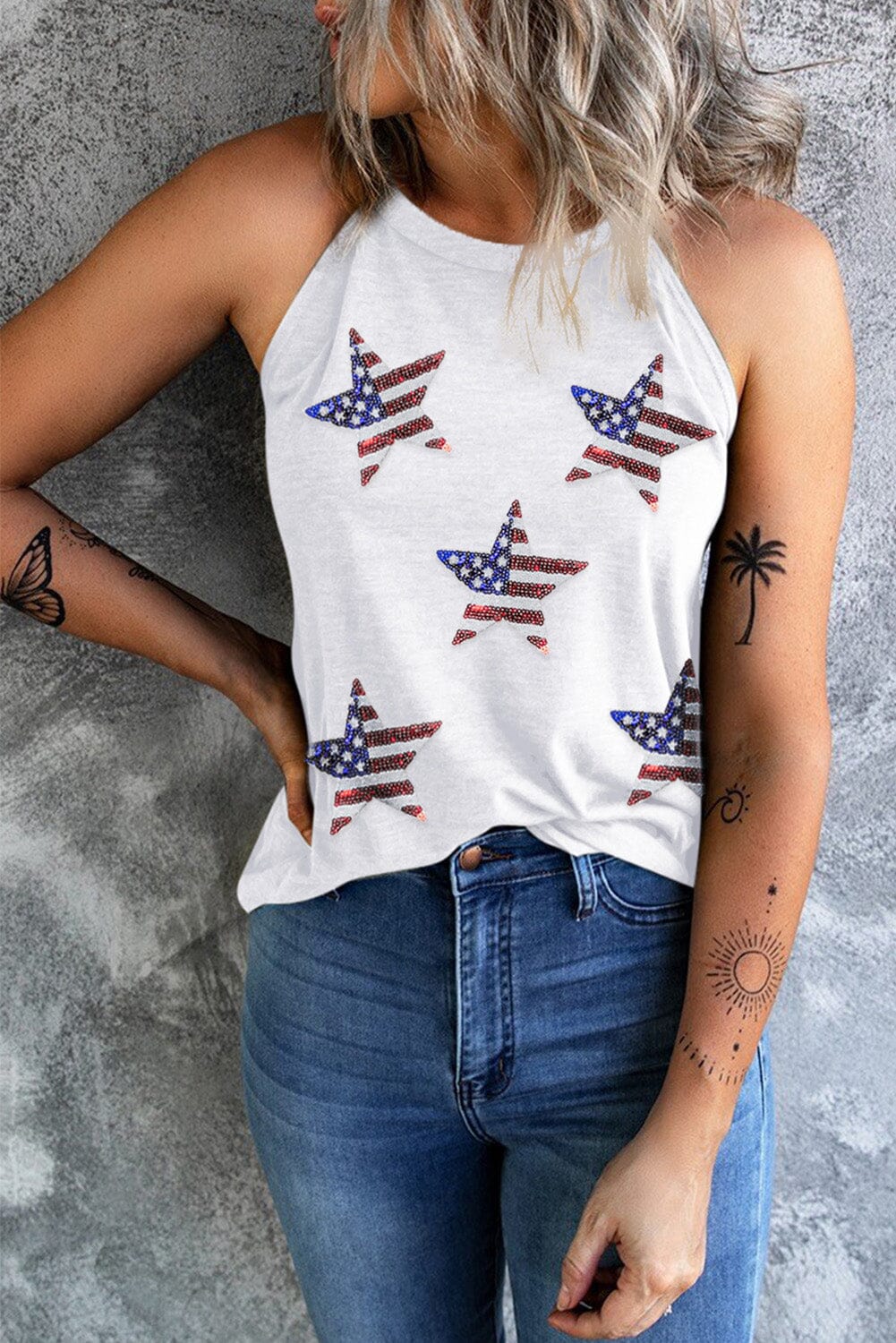 Sequin US Flag Star Grecian Neck Tank - Sydney So Sweet