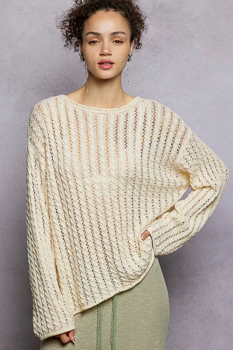 POL Openwork Round Neck Knit Top with Shiny Detail - Sydney So Sweet
