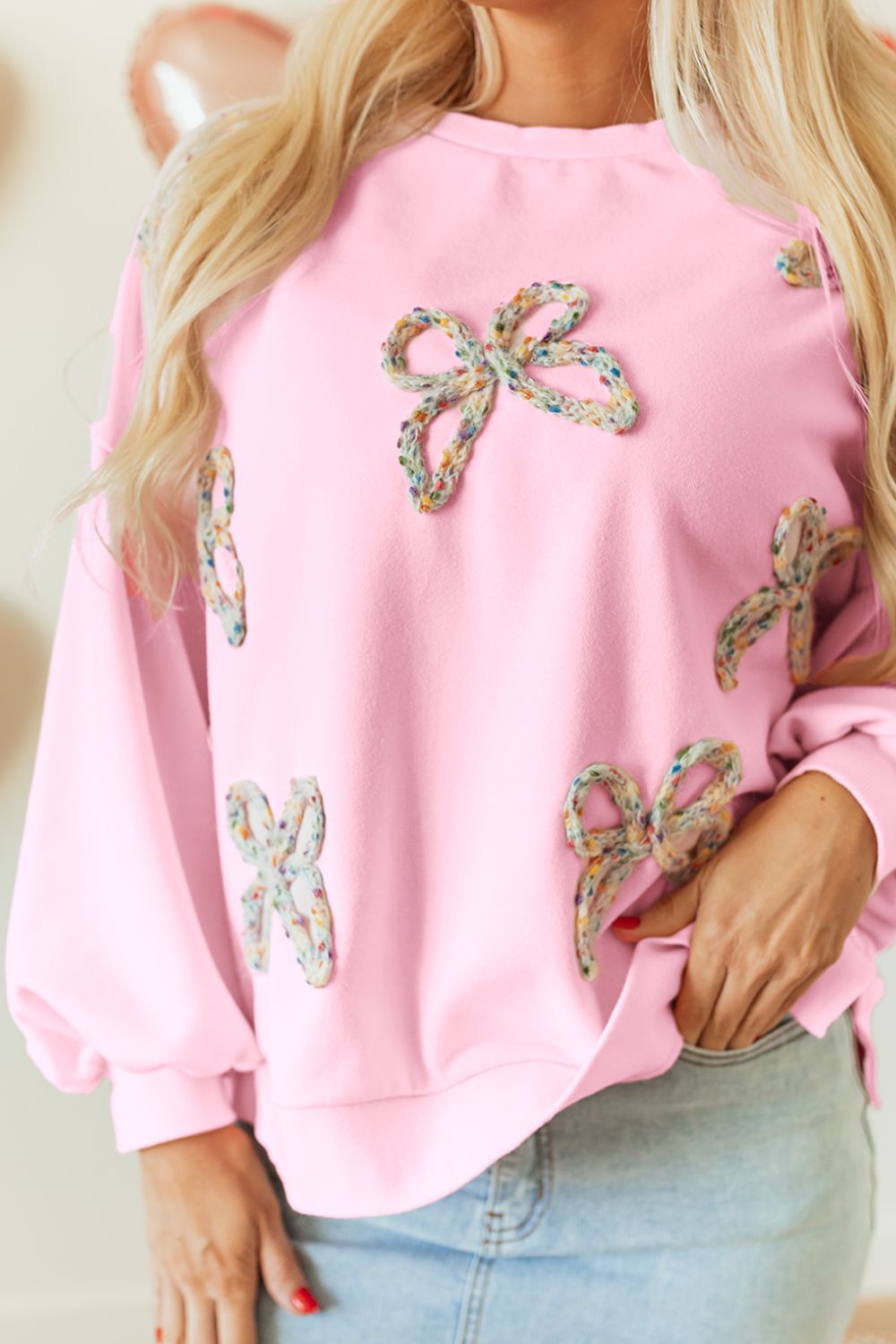 Bow Round Neck Long Sleeve Sweatshirt - Sydney So Sweet